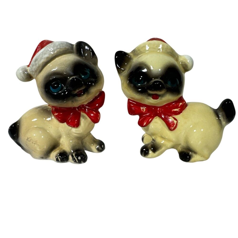 VTG Kreiss Santa Siamese Kittens Christmas Salt & Pepper Shakers Missing Stones